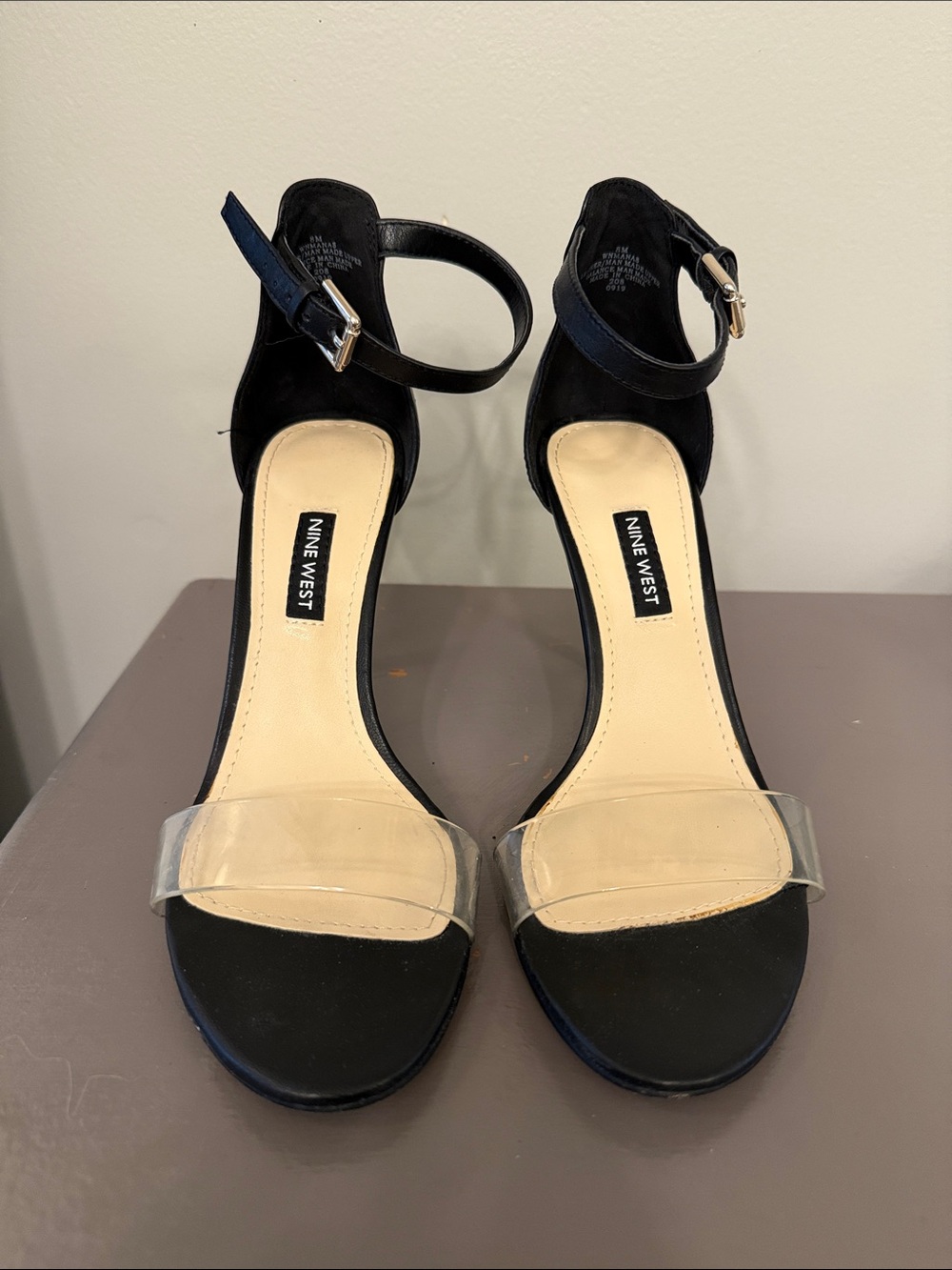 Nine West Black Heeled Sandals with Clear Toe Band